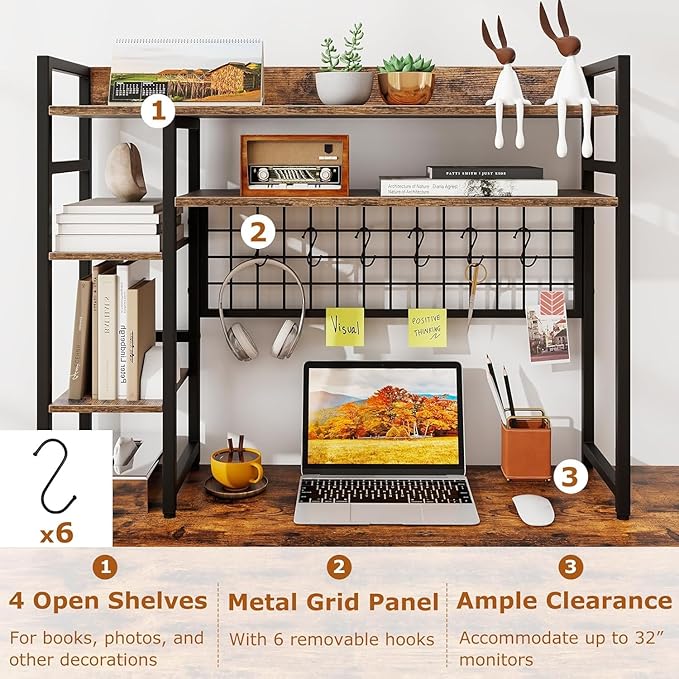 COSTWAY Desktop Bookshelf for Monitors up to 32", 37" x 10" Countertop Organizer with 4 Open Shelves, Grid Panel with 6 Hooks, Anti-Tip Safety Kit, and Adjustable Feet for Home Office (Brown)