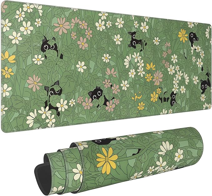 Large Green Gaming Mousepad,Cat Cute Desk Decor Mat,Kawaii Black Cat Plant Aesthetic Extended Keyboard Mouse Pad with Non-Slip Base and Stitched Edge,31.5 x 12in