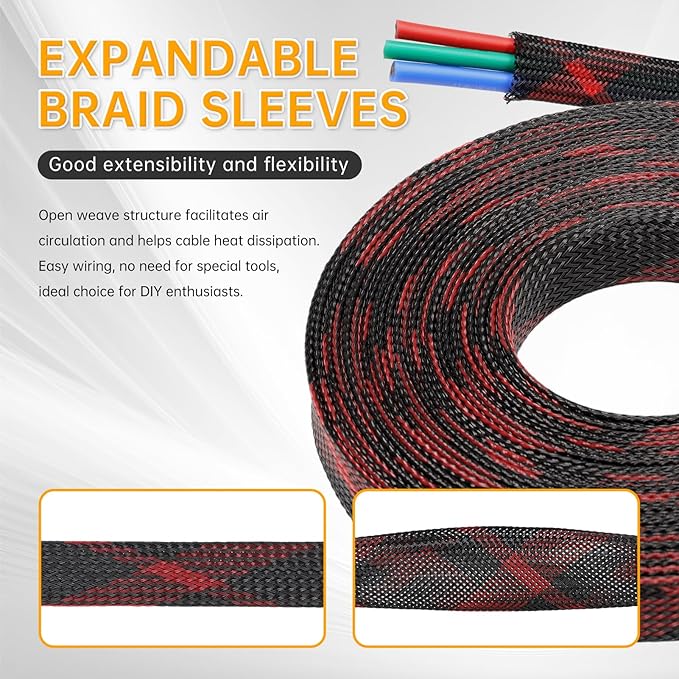 Braided Cable Sleeve, 33ft Expandable Wire Loom for Automotive Wiring Harness & PC Case, Pet-Proof Chew Resistant Cord Protector, Flexible Cable Management (Black-Red, 20mm (25/32"))