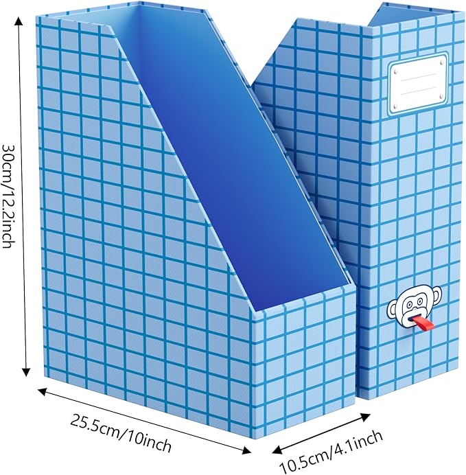 JiaWei Magazine File Holder Foldable Storage Boxes for Documents - Set of 2 Cardboard Magazine Rack Made of 2150 g/m² 10.5 cm Wide，Desk Organizer for Classroom, Home, and Office - Blue