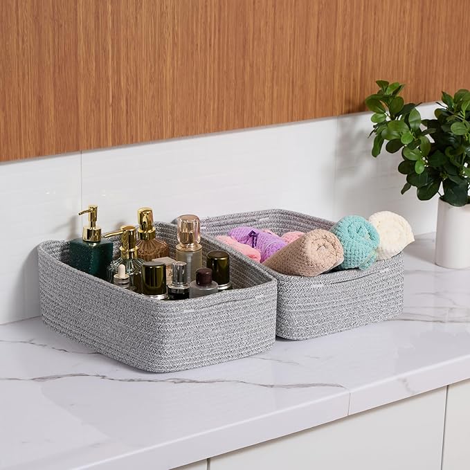 MiniArk Large Shallow Organizing Baskets 15x11x5.1 Inches - Rope Woven Storage Bins for Bathroom, Shelves, Cube Closet, Mixed Grey 4 Packs