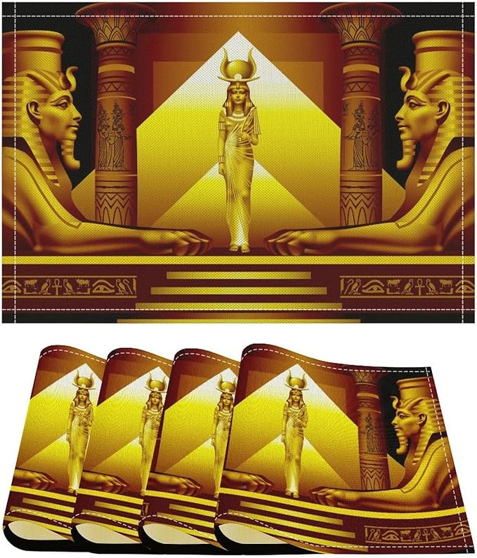 Ancient Egyptian Placemats Golden Egyptian Architecture Pyramid Old History Mural Linen Washable Table Mats Stain Heat-Resistant Desktop Decor Place Mats for Home Kitchen Dining Party 12x18 in 6 Pcs