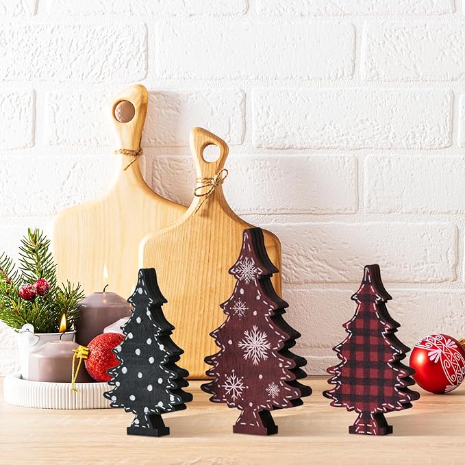 Smile 3 Pcs Wooden Blocks Christmas Trees Signs, Tiered Tray Decorations, for Home Table Shelf.