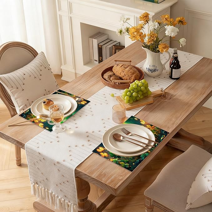 Linen Placemats Set of 6, St Patrick's Day Green Grass Washable Table Mats 12x18 Inch, Heat Resistant Non Slip Placemats for Dining Table Kitchen Everyday Use