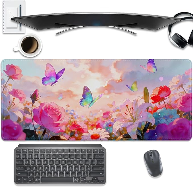 Butterfly Floral Large Mouse Pad Desk Pad, 27.5x11.8in Dreamy Floral Extended Keyboard Mouse Mat with Stitched Edges,Waterproof Non-Slip Rubber Base for Office, Laptop,Computer and Home