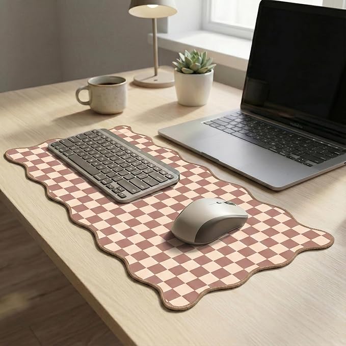 Scalloped Desk Mat Extended Large Cute Mouse Pad Big Desk Pad XXL Aesthetic Plaid Mousepad Checkered Gaming Mouse Pad for Computer Keyboard and Mouse Laptop Home Office 35.4X15.7Inches Brown Khaki