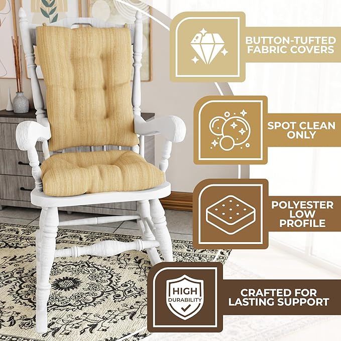 Klear Vu The Gripper Non-Slip Rocking Chair Cushion Set with Thick Padding, Includes Seat Pad & Back Pillow with Ties for Indoor Living Room Rocker, 17x17 Inches, 2 Piece Set, Sand