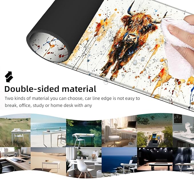 Ergonomic Mouse Pad Set with Wrist Support for Keyboard and Wrist Rest for Mouse, Memory Foam Comfort, Non-Slip Large Desk Mat for Home Office Pain Relief,Watercolor Highland Cow