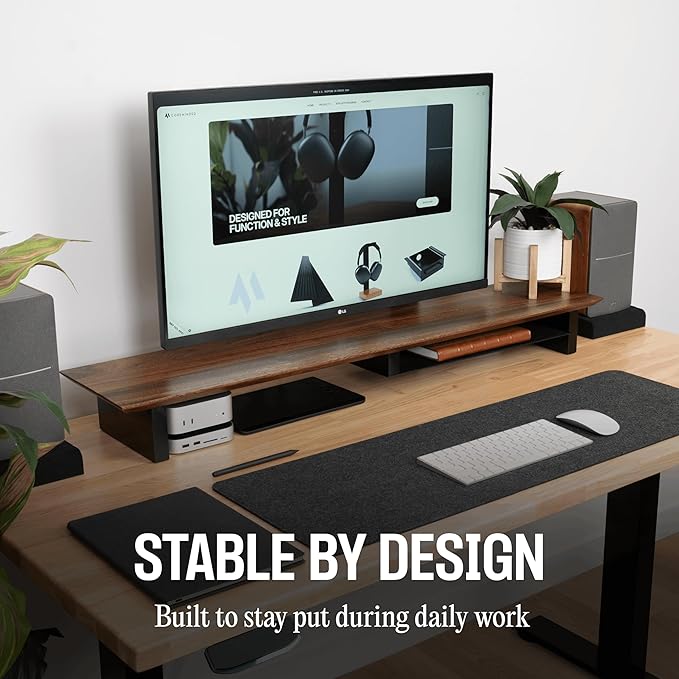 COREMINDED Solid Wood Dual Monitor Stand Riser – 42" Walnut Desk Shelf for 2 Monitors with Tray & Wool Felt, Organizer for Desktop, Laptop and Office (Walnut)