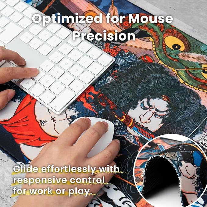BELLEMOND Japanese Art Desk Mat | Large 31.5x11.8in Anime Mouse Pad for Keyboard & Mouse | Non-Slip Base, Water-Repellent | Original Japanese Design | Dragon Duel