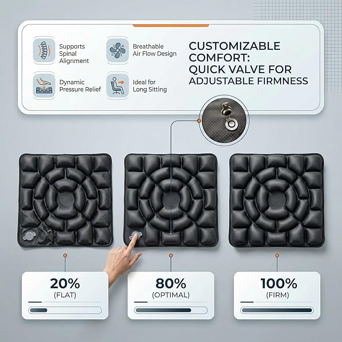 Inflatable Seat Cushion, Donut Cushion for Office Chair, Car & Wheelchair, Ergonomic Pressure Relief for Tailbone & Sciatica, Adjustable Firmness, Non-Slip Seat Pad for Long Sitting