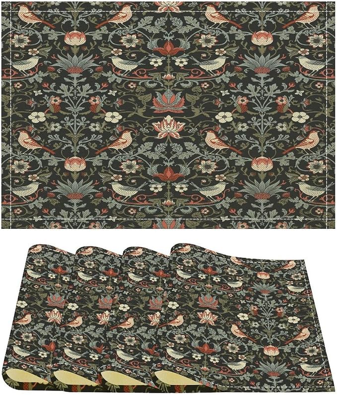 William Morris Bird Placemats Retro Bird Elegant Animal Pattern Linen Washable Table Mats Stain Heat-Resistant Desktop Decor Place Mats for Home Kitchen Dining Party 12x18 in 6 PCS