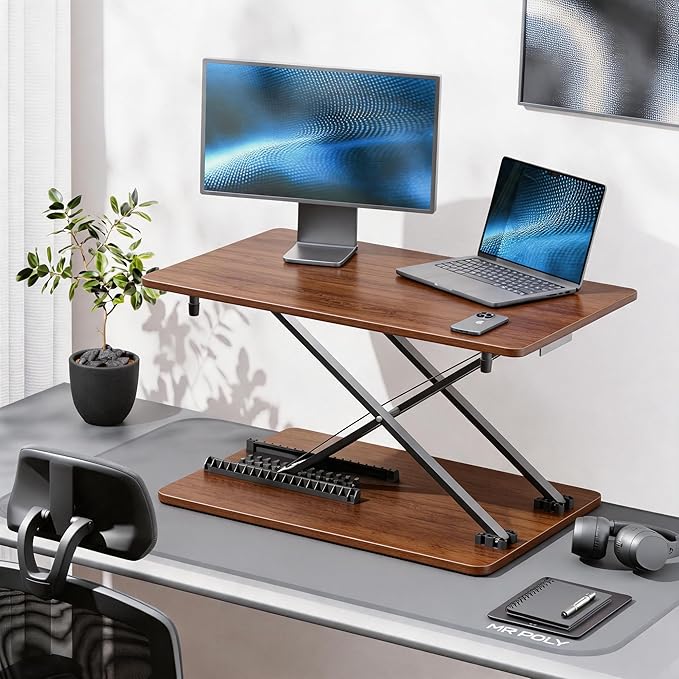 Standing Desk Converter, 25.16" × 15.75" Height Adjustable Laptop Stand for Desk, Sit Stand Monitor Stand, No Assembly Required for Home and Office Use (Natural Wood)