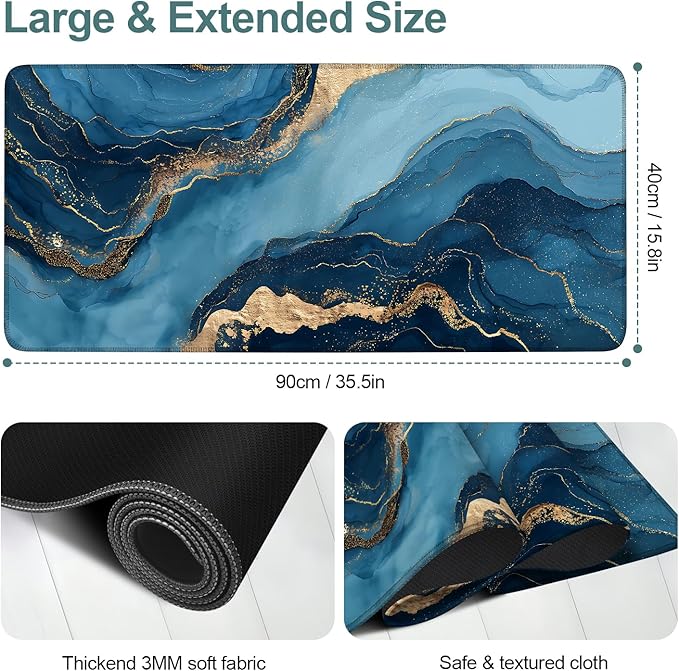 Gold & Blue Geometric Waves Extended Gaming Mouse Pad 35.4 x 15.7 Inch – Stylish Desk Mat for Gaming, Office, and Study, with Non-Slip Rubber Base