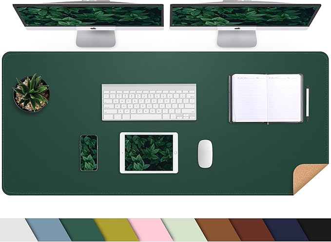 AFIING Cork Desk Mat 47" x 17", Dual-Sided Natural Cork & PU Leather Desk Pad, Non-Slip Waterproof Large Mouse Pad for Office, Home & Gaming (Dark Green)