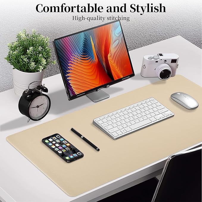 Beige Leather Desk Mat Large Mouse Pad, Waterproof Desk Pad for Keyboard and Mouse, Non-Slip Computer Desk Protector, Smooth Mouse Movement Desk Mat for Home and Office(35.4"×17")