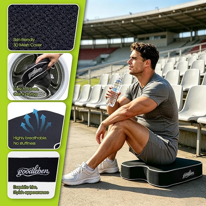 Stadium Cushion with Dual-Layer Foam (30D Support + 40D Memory), High Elasticity & Breathable, Waterproof Thick Bleacher Pad for Long Games, Portable for Outdoor Indoor Seating