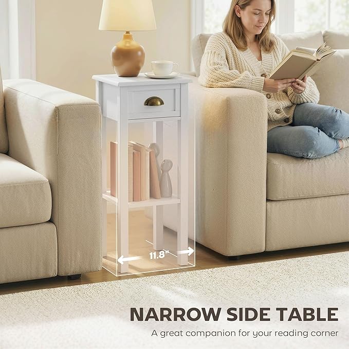 HOMCOM Narrow End Table with Drawer and Bottom Shelf, Slim Side Table for Small Spaces, Skinny Modern Accent Desk for Living Room, Set of 1, White