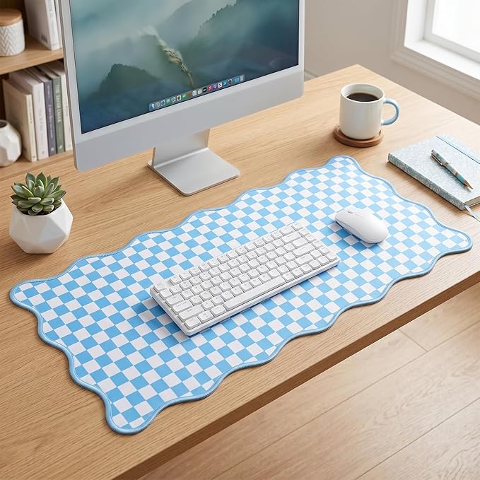 Scalloped Desk Mat Extended Large Cute Mouse Pad Big Desk Pad XXL Aesthetic Kawaii Plaid Mousepad Checkered Mouse Pad for Keyboard Computer Laptop Home Office Accessories Girl 35.4X15.7Inch Blue