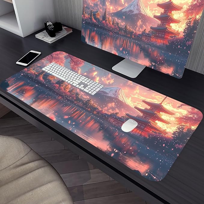 Mount Fuji Desk Pad Mouse Pad Cherry Pink Pavilion Lake Japan Large Gaming Mouse Mat with Stitched Edges,Non-Slip Waterproof Rubber Base Mous Mat 31.5"x11.8" Office Computer Keyboard Laptop Home