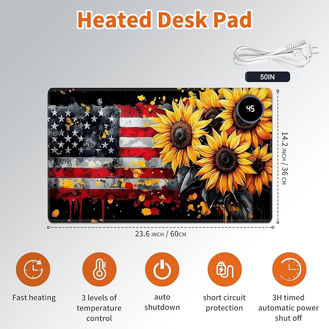 Heated Mouse Pad,Warm Desk Pad with 3 Levels Heating & 3 Hours Auto Shut-Off, PU Leather Heated Desk Pad Warmer Pad for Home Office - 23.6 x 14.2 inch,Sunflower American Flag