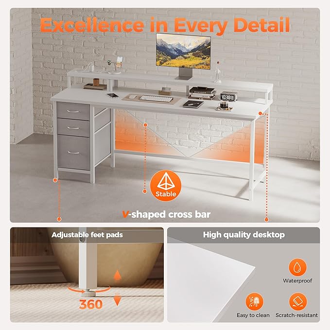 Mericonia 63 inch Computer Desk with Storage Drawers & Monitor Stand, Reversible Gaming Desk with LED Lights & Power Outlets, Large Gaming Table for Home Office