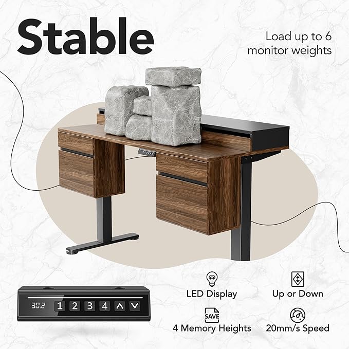HUANUO Electric Standing Desk with 6 Drawers, 55 Inch Height Adjustable Stand Up Desk with Storage, Computer Workstation Compatible with Monitor Stand for Home Office, Black Walnut