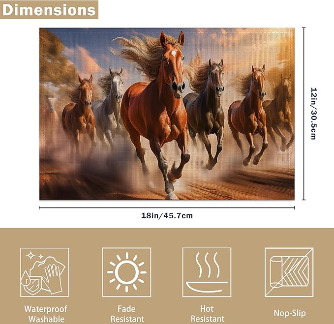Placemats Set of 6, Running Herd Horse Linen Placemats 12x18 Inch, Heat Resistant Table Mats, Washable Non Slip Place Mats for Dining Table Kitchen Home