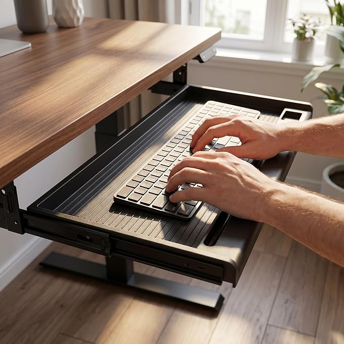 jojofuny Under Desk Keyboard Tray with Pen Organizer, Screw-Mounted Slide-Out Organizer Drawer, Space-Saving Under Desk Shelf for Mouse, Pens & Office Supplies