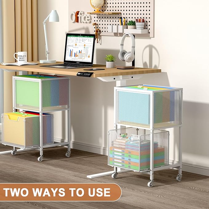 Tiaoheka Rolling File Cart, Mobile File Cabinet with Wheels Hanging Files, Hanging File Organizer Fit Letter/Legal Size Beside Under Desk for Office, Home White（Patent Pending）