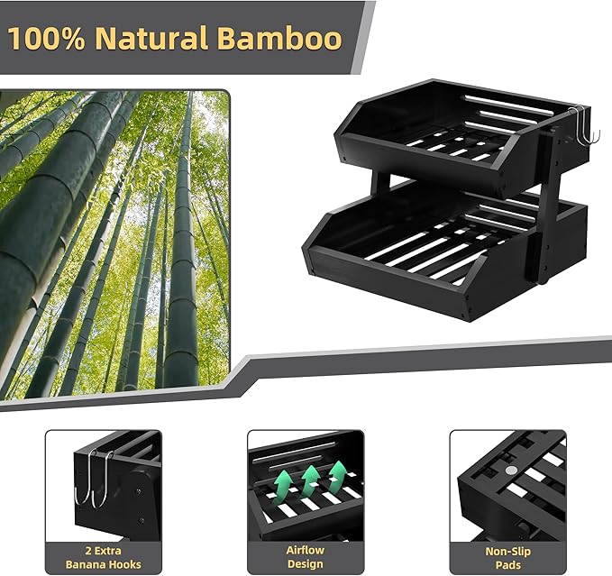 Bamboo 2 Tier Fruit Basket for Kitchen Counter, Large Capacity Fruit Storage Countertop, Fruit Holder, Wood Pantry Organizers and Storage, Kitchen Countertop Organizer With 2 Banana Hangers (Black)