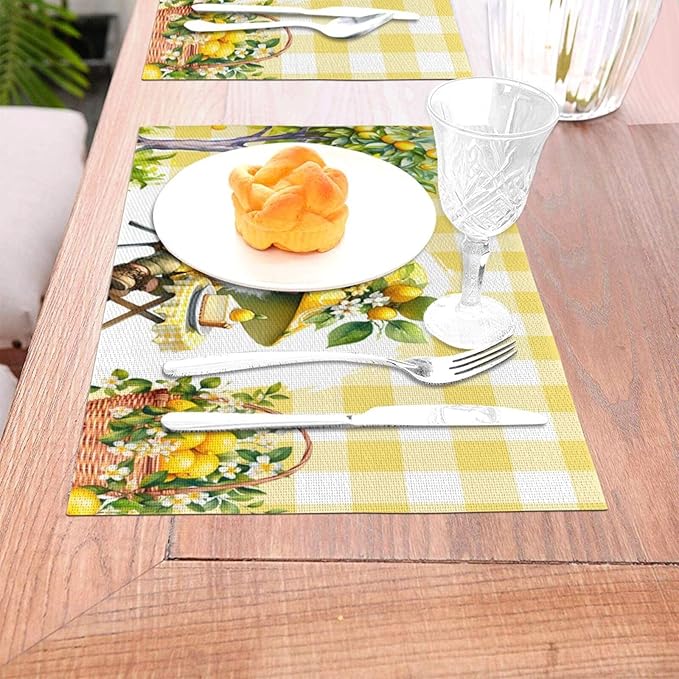 Placemats Set of 4 Heat-Resistant Rectangle Place Mats Yellow Lemon Gnomes Washable Plastic PVC Dining Table Mat Non-Slip Wipeable Woven Vinyl Placemat for Kitchen Patio Table Decor
