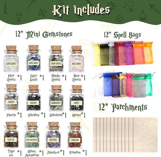 Tassika Witchcraft Starter Kit, Witchcraft Supplies for Wiccan Altar- 63 Pack of Crystals Dried Herbs, Colored Magic Candles, Charm Bags and Ritual Witches Salt for Spells, Baby Witches