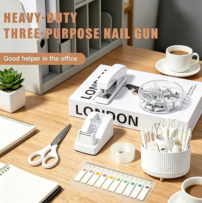 Office Supplies Rotating Pen Holder for Desk with Stapler Staple Remover, Tape Dispenser,2pcs Tape Refills, Binder Paper Clips Kit, Scissor,Pen, Ruler & Sticky Tabs,White Office School Supplies(White)