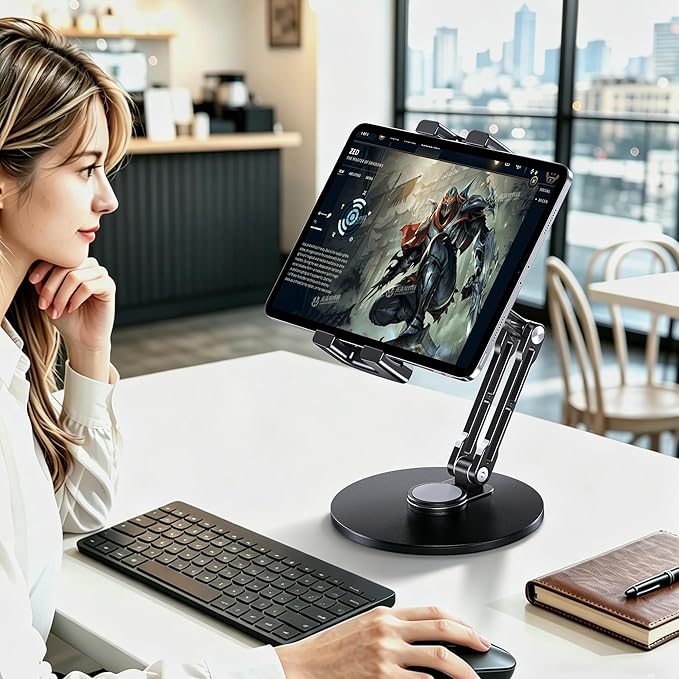 CreaDream iPad Stand for Desk, Portable Monitor Stand with Large Clamp up to 18.5", Tablet Stand Arm Holder with Heavy Duty 360° Rotating Base for 4.7"-13" Tablets, iPad Pro/Air/Mini