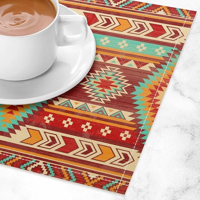 Vintage Aztec Southwest Placemats Ethnic Style Design Boho Geometric Pattern Linen Washable Table Mats Stain Heat-Resistant Desktop Decor Place Mats for Home Kitchen Dining Party 12x18 in 6 Pcs