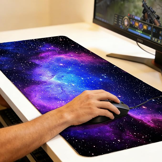 Galaxy Stars Space Mouse Pad,35.4 x 15.7 Inch Large Mouse Mat Non-Slip Rubber Stitched Edges for Writing Desk,Office,Home,Laptop