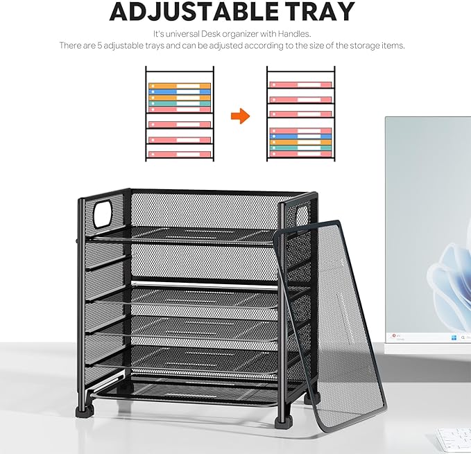 Simple Trending 6-Tier Paper Organizer for Desk– Letter Tray & File Holder with Handle, Metal Mesh Desktop Document Shelf for Office, Black