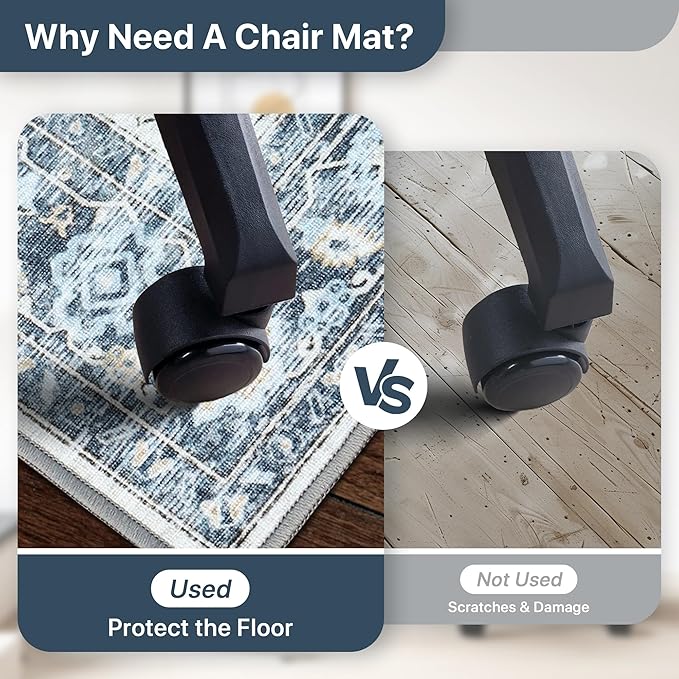 48"x48" Office Chair Mat for Hardwood Tile Floor, Under Desk Carpet Protector for Rolling Computer Chair Mat, Machine Washable Round Area Rug, Anti-Slip 1/5" Thick Low Pile Thin Floor Mat, Blue