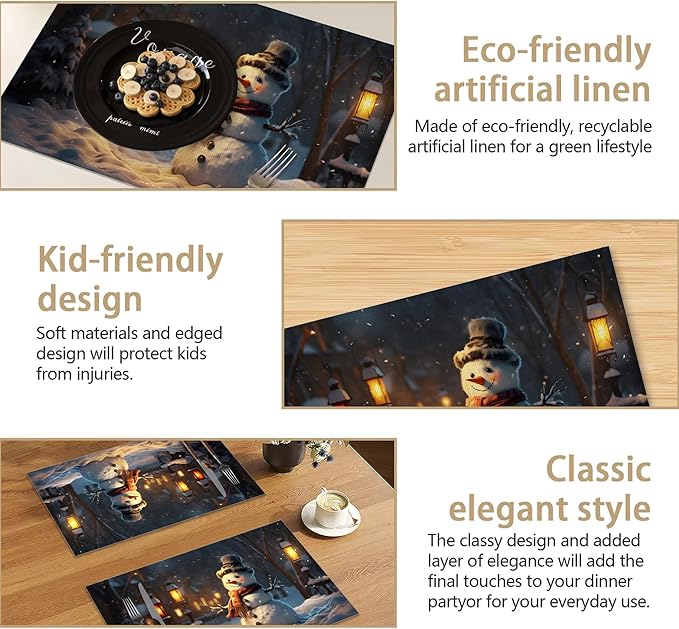Linen Placemats Set of 6, Christmas Snowman Washable Table Mats 12x18 Inch, Heat Resistant Non Slip Placemats for Dining Table Kitchen Everyday Use