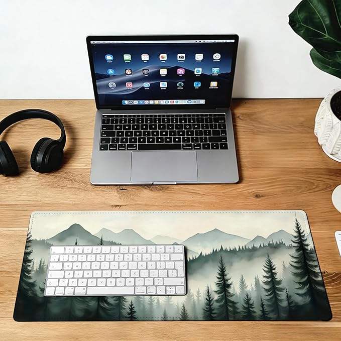 Large Gaming Mouse Pad Mountain Landscape with Mist and Trees Desk Mat,Non-Slip Rubber Base Stitched Edges,Extended Mousepad for PC,Laptop,Office,Home Decor(31.5 x 11.8 Inch)