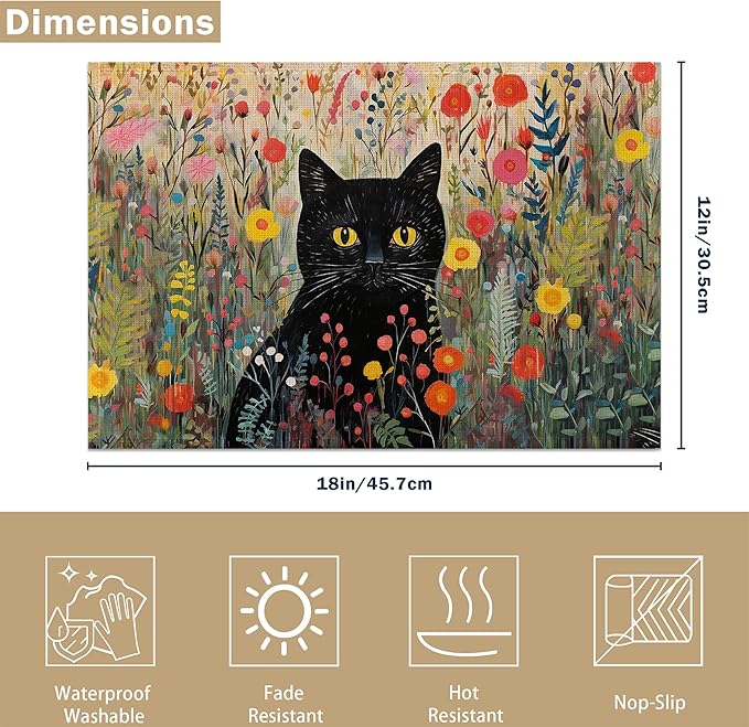 Placemats Set of 6, Cat with Flowers Linen Placemats 12x18 Inch, Heat Resistant Table Mats, Washable Non Slip Place Mats for Dining Table Kitchen Home