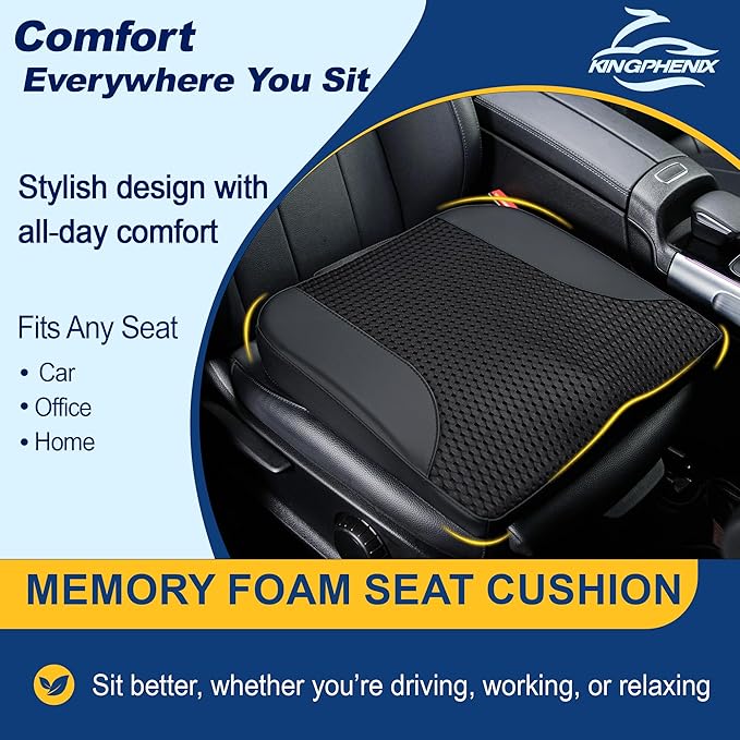 kingphenix Car Seat Cushion – Memory Foam Pad for Driving Comfort – Boosts Height and Relieves Coccyx & Lower Back Pain – Car, Truck, Office Chair (Leather & 4D Mesh Black)