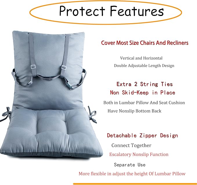 ALIBO Extra Large Recliner Low Back Lumbar Support Pillow and Tufted Seat Cushion Set with Adjustable Straps,Wood Rocking Chair/Egg Chair Swing Nonslip Highback Backrest with Ties