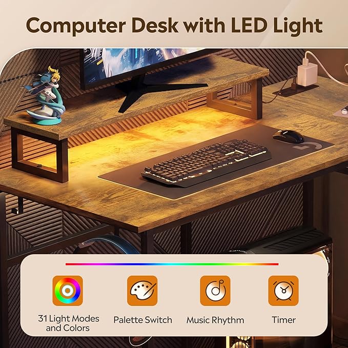DEVAISE Compact 43" L Shaped Gaming Desk with LED Lights and Power Outlets - Corner Computer Table with Monitor Stand and Storage Shelves for Work and Gaming, Rustic Brown