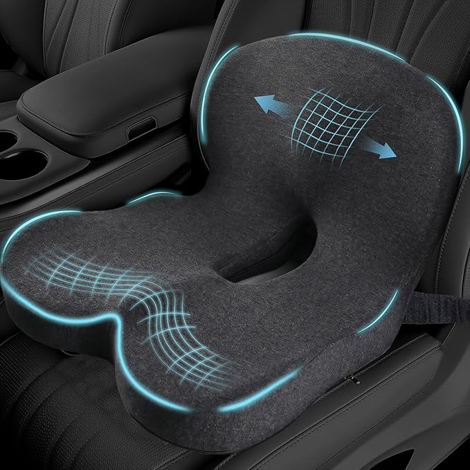 Ergonomic Seat Cushion with Adjustable Strap, Memory Foam Office Chair Seat Cushion with L-Shaped Design, Car Seat Cushion Fits for Truck Driver Semi Truck, Gaming Chair, Desk, Dark Gray