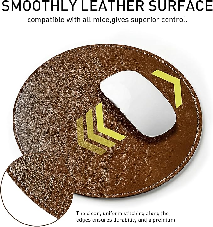 Round Faux Leather Mouse Pad, 7.8 Inch Small Compact PU Leather Circular Desk Mat, Waterproof Non-Slip Smooth Mousepad for Office Laptop, Home Work & Travel (Brown)