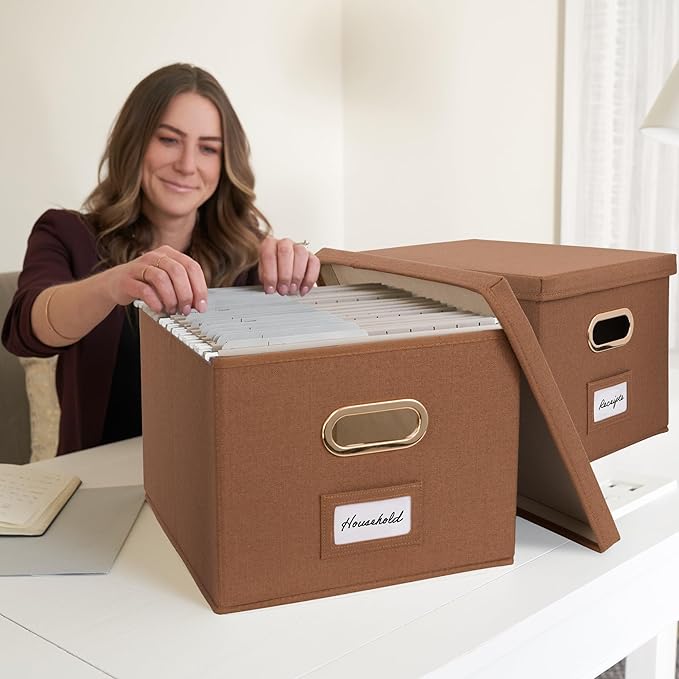 ZICOTO Decorative File Organizer Box Set of 2 - Collapsible Linen Filing Cabinets with Handles Are Perfect to Store All Your Documents & Hanging File Folders - Portable Easy Slide Crates with Lid