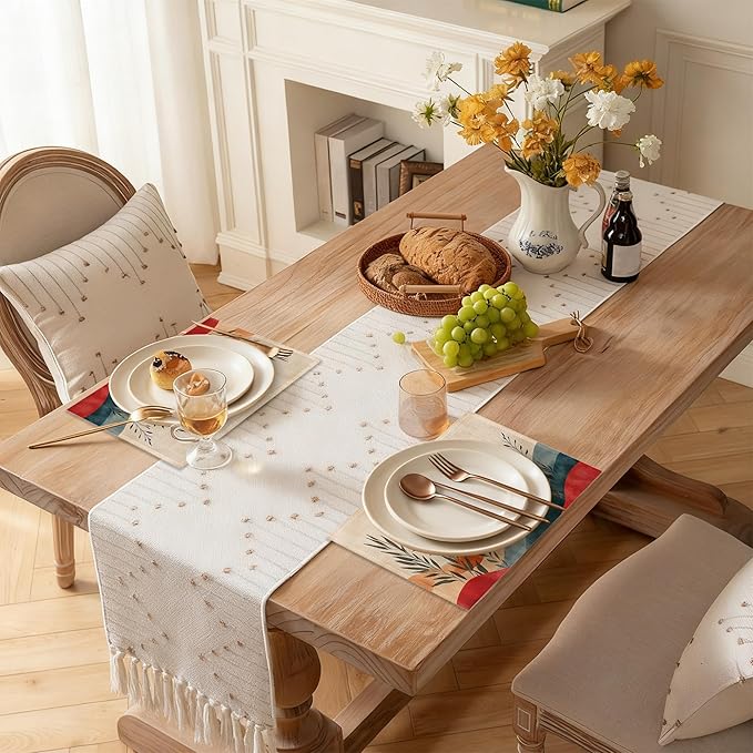Boho Sunrise Abstract Sun Leaves Placemats Set of 6 Linen Table Mats, 12x18 Inch Washable Placemats for Dining Table, Non Slip Heat Resistant Mats for Kitchen Home Decor
