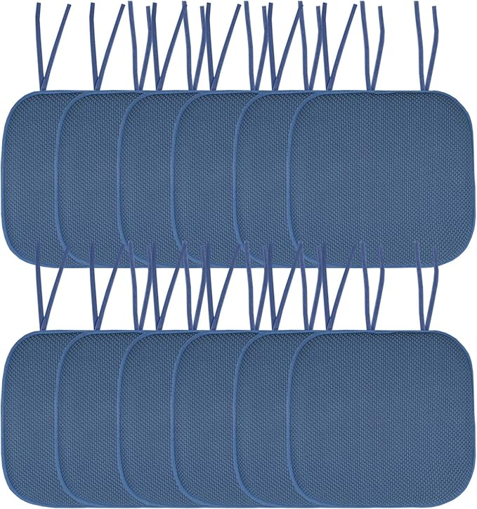 Sweet Home Collection Chair Cushion Memory Foam Pads with Ties Honeycomb Pattern Slip Non Skid Rubber Back Rounded Square 16" x 16" Seat Cover, 12 Pack, Blue 12 Pack